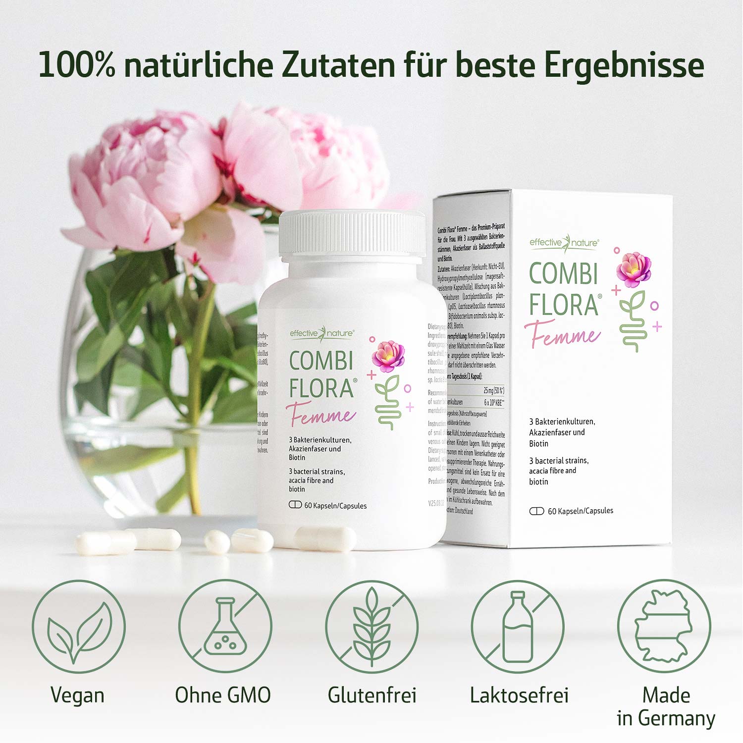 Combi Flora Femme Kapseln von effective nature, dargestellt vor einem Blumenstrauß und umgeben von natürlichen Icons, die vegan, glutenfrei und laktosefrei anzeigen.
