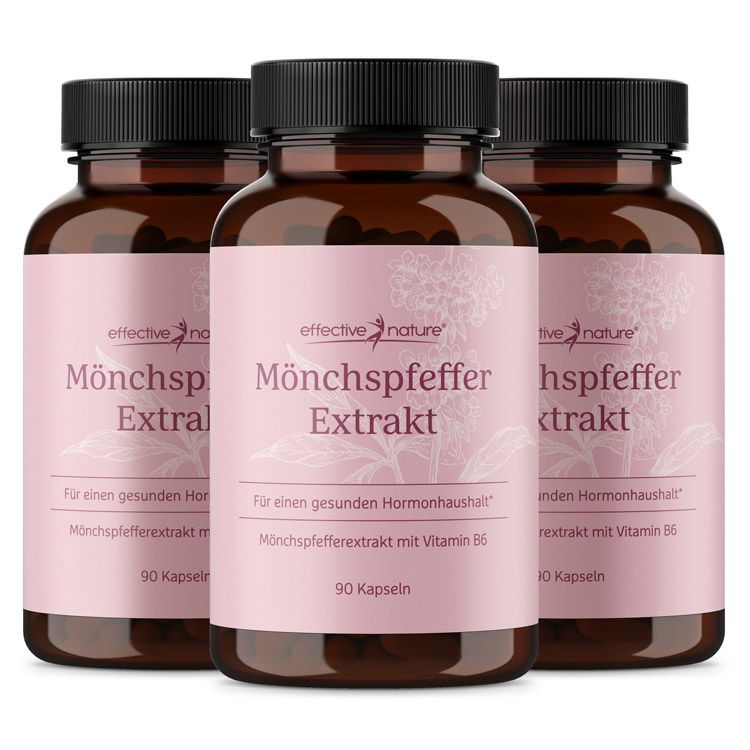 Mönchspfeffer Extrakt für einen gesunden Hormonhaushalt Drei Flaschen Mönchspfeffer Extrakt mit Vitamin B6, 90 Kapseln