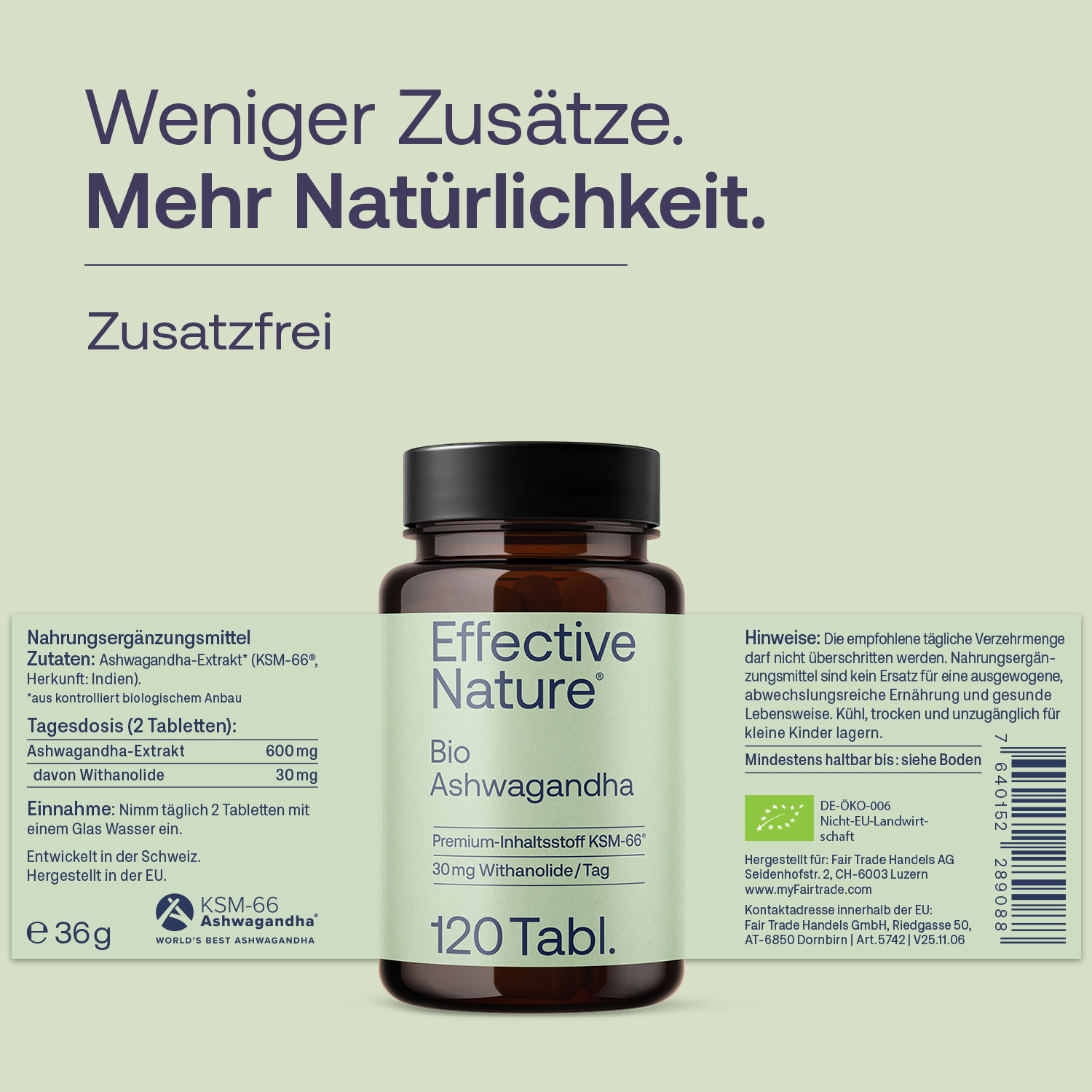 Vorder- und Rückseite des Etiketts von Bio-Ashwaganda