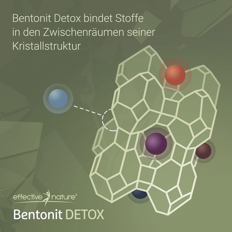 Illustration von Bentonit Detox, das Stoffe in seiner Kristallstruktur bindet
