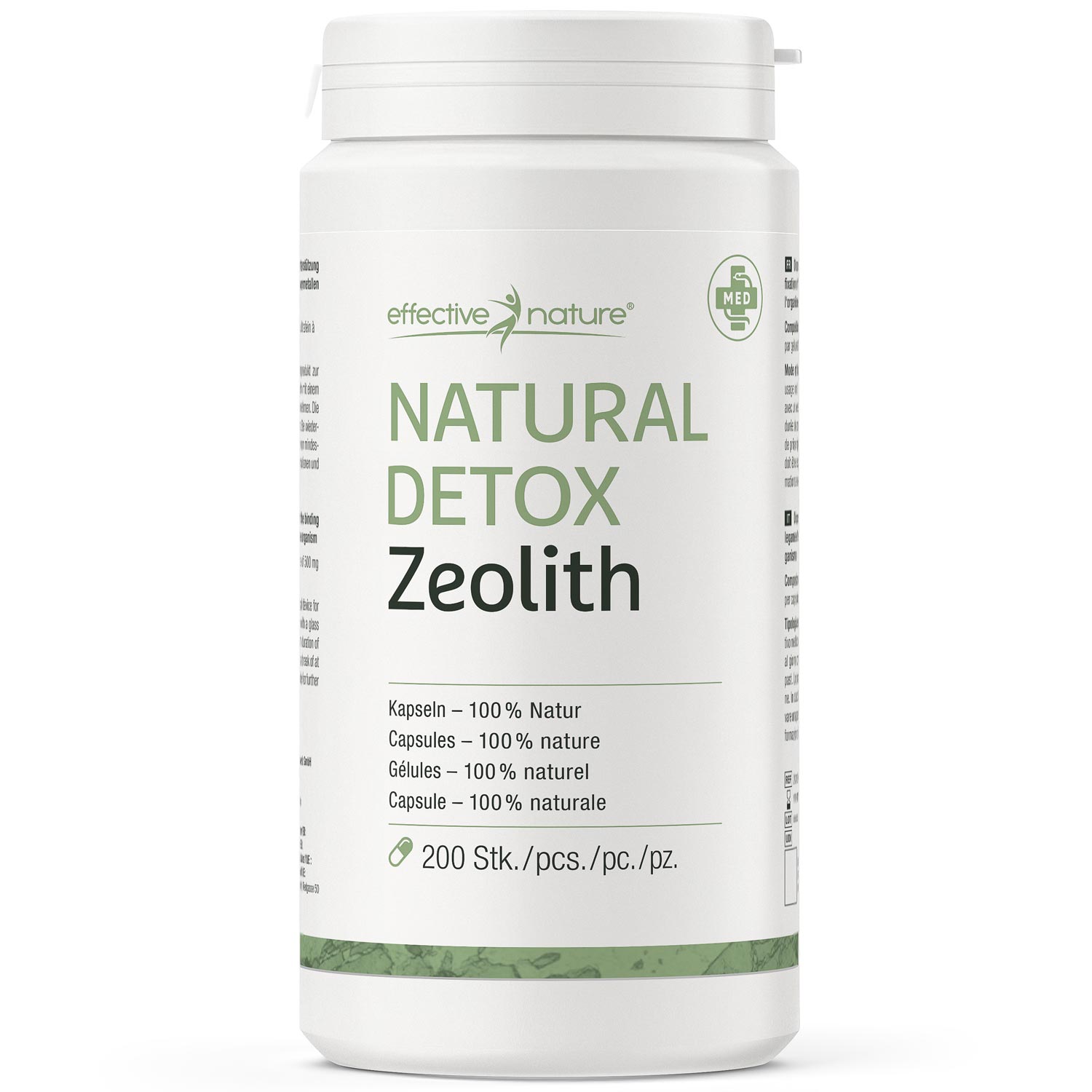 Produktbild von Natural Detox Zeolith Kapseln in einem weißen Behälter mit grüner Schrift und 200 Stück Inhalt. Natürliche Entgiftungskapseln.