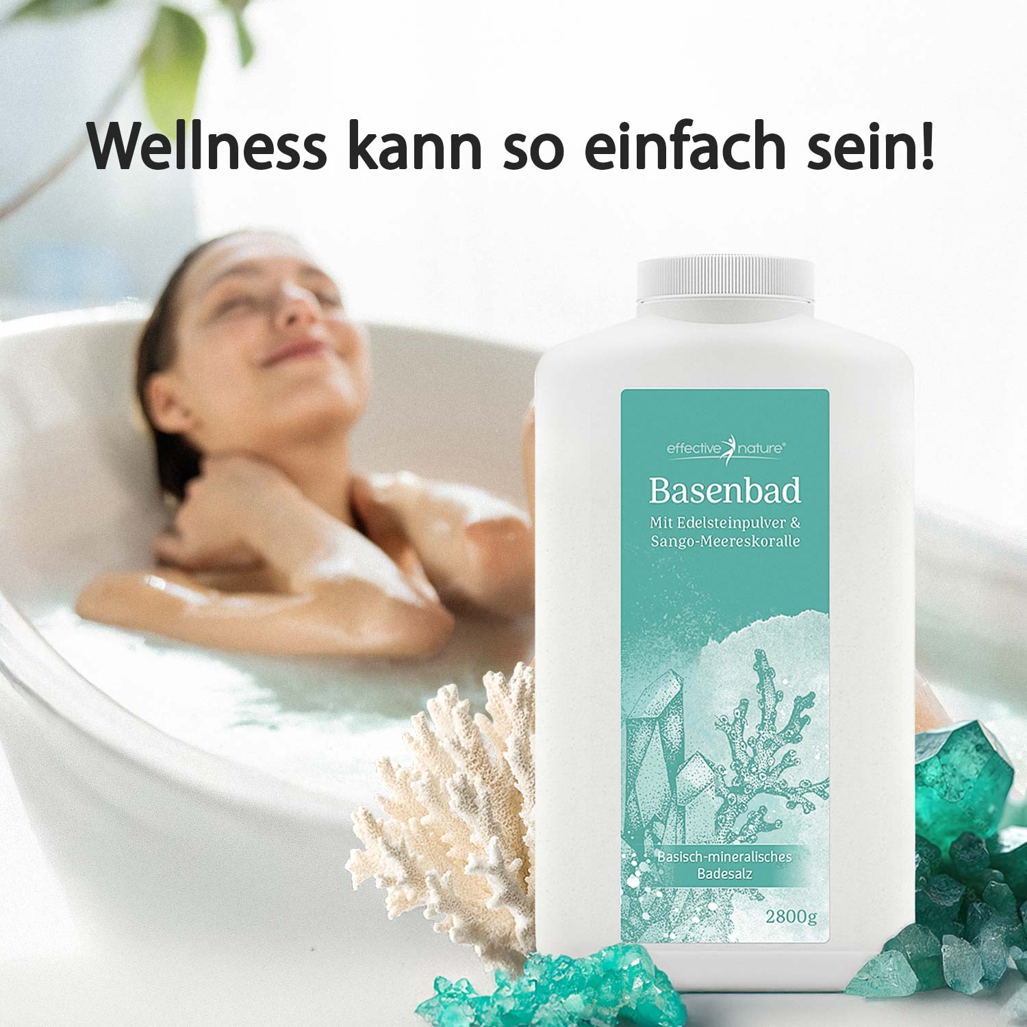 Basenbad mit Edelsteinpulver und Sango-Meereskoralle - Entspannung im Home-Spa Frau entspannt in der Badewanne mit Basenbad, Produkt von effective nature, Edelsteinpulver und Sango-Meereskoralle