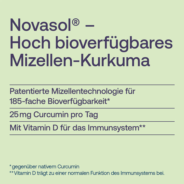 Novasol® Kurkuma mit 185-facher Bioverfügbarkeit dank patentierter Mizellentechnologie, unterstützt das Immunsystem mit Vitamin D
