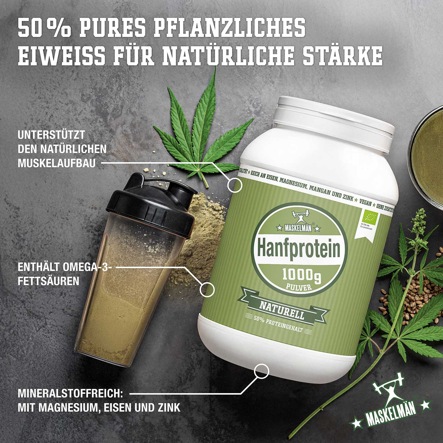 Hanfprotein Pulver von Maskelman, 1000g Packung, unterstützt Muskelaufbau, enthält Omega-3 und Mineralstoffe wie Magnesium, Eisen und Zink.
