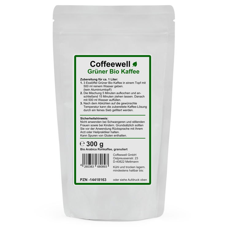 Verpackung von Coffeewell Grüner Bio Kaffee mit Zubereitungshinweisen
