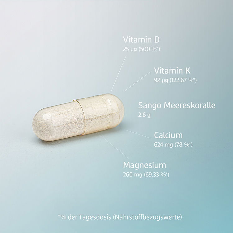 Nahrungsergänzungskapsel mit Inhaltsstoffen: Vitamin D, Vitamin K, Sango Meereskoralle, Calcium und Magnesium auf blauem Hintergrund