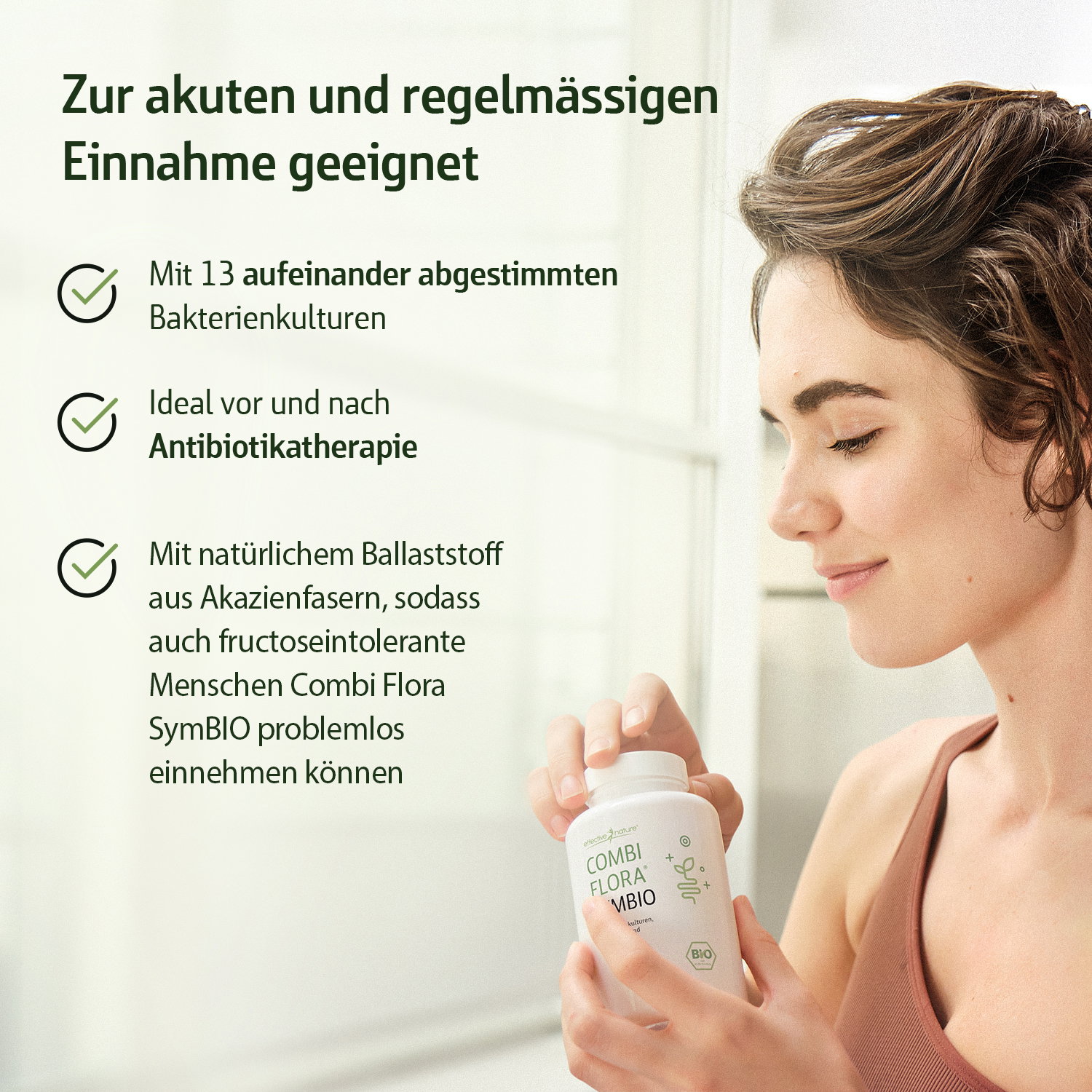 Combi Flora SymBIO Anwendung mit Dose in der Hand, Hinweise zu Einnahme und Bakterienkulture