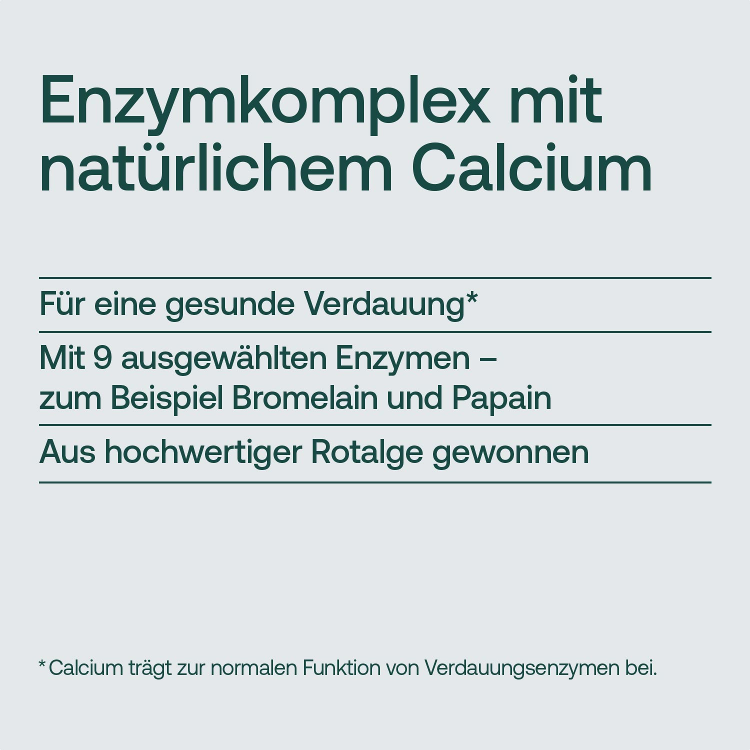 Produktetikett für Enzymkomplex, enthält natürliches Calcium und ausgewählte Enzyme wie Bromelain und Papain, gewonnen aus Rotalge