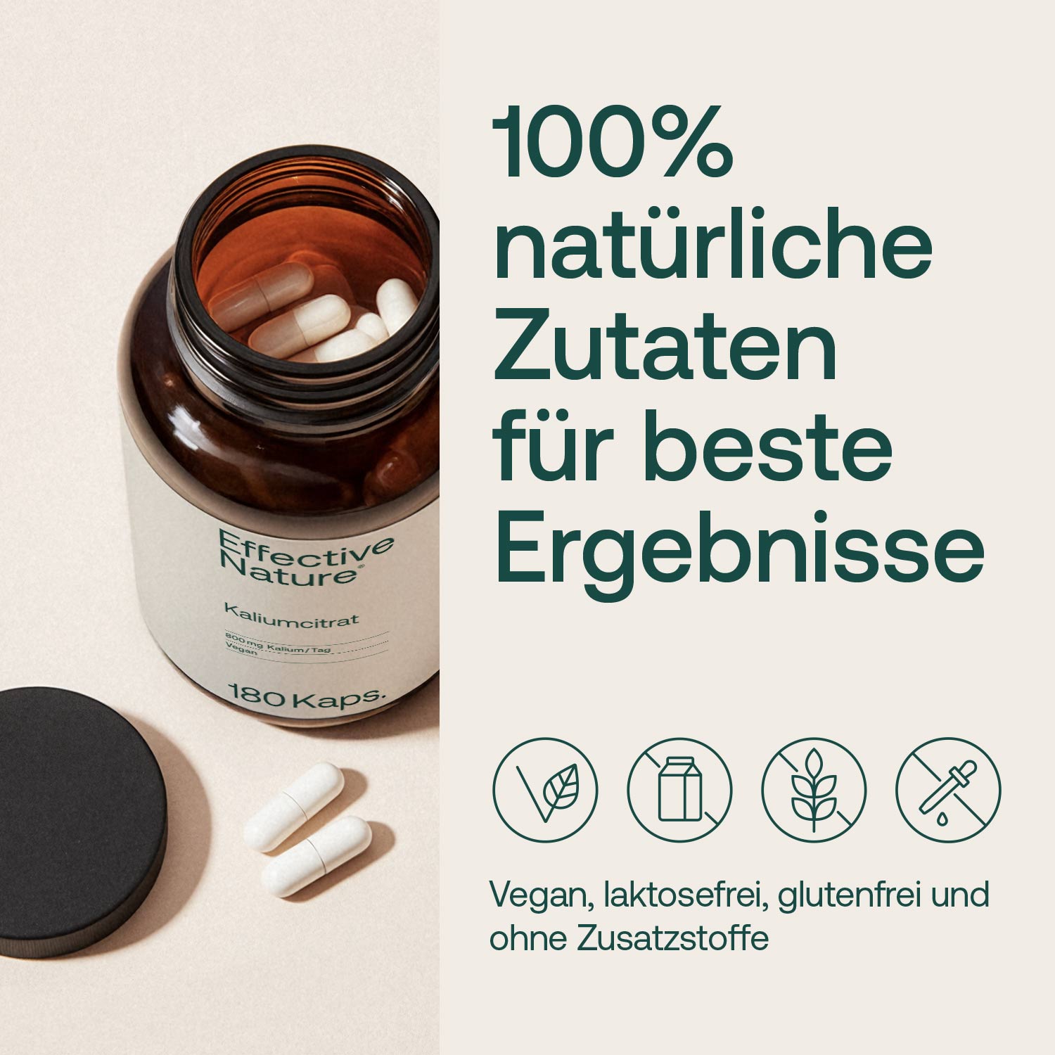 Glas mit Kaliumcitrat-Kapseln von Effective Nature, vegan, laktosefrei, glutenfrei und ohne Zusatzstoffe, neben Kapseln