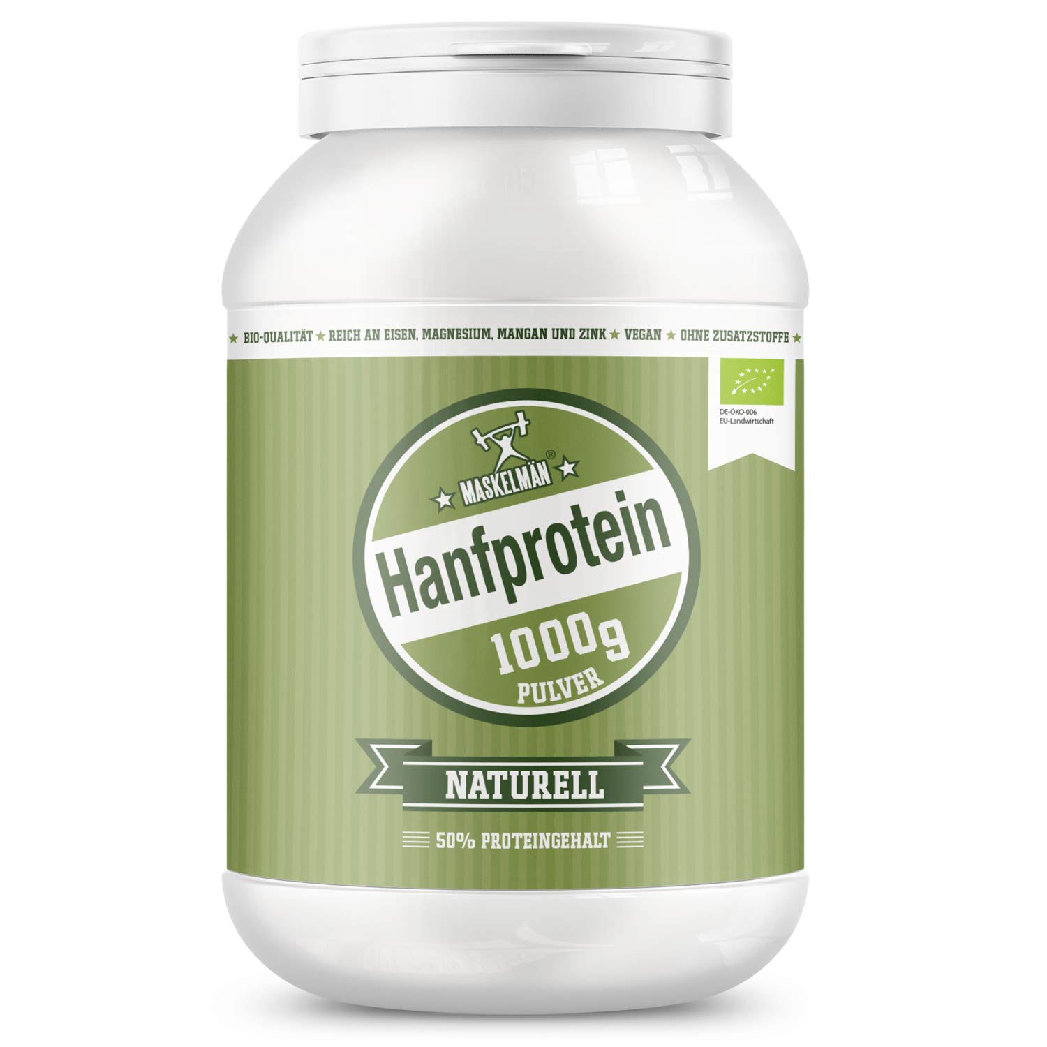 Ein weißer Behälter mit Hanfprotein Pulver, 1000g, naturell, vegan und in Bio-Qualität.