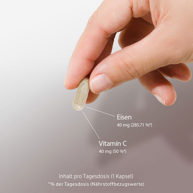 Inhalt pro Tagesdosis (1 Kapsel): 40 mg Eisen, 40 mg Vitamin C