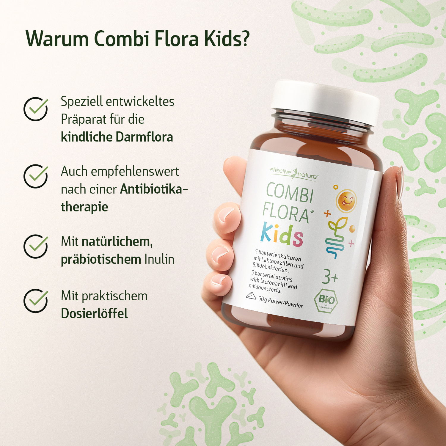 Hand hält ein Glas Combi Flora Kids, ein spezielles Präparat für die kindliche Darmflora, mit Inulin und Dosierlöffel, empfohlen nach Antibiotikatherapie.