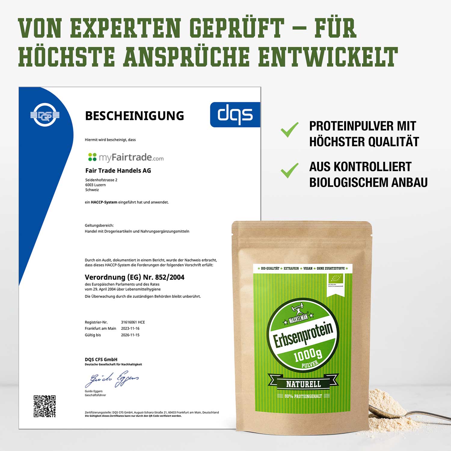Zertifikat von myFairtrade und DQS, daneben Erbsenprotein 1000g Naturpackung, hervorgehoben für biologische Qualität.
