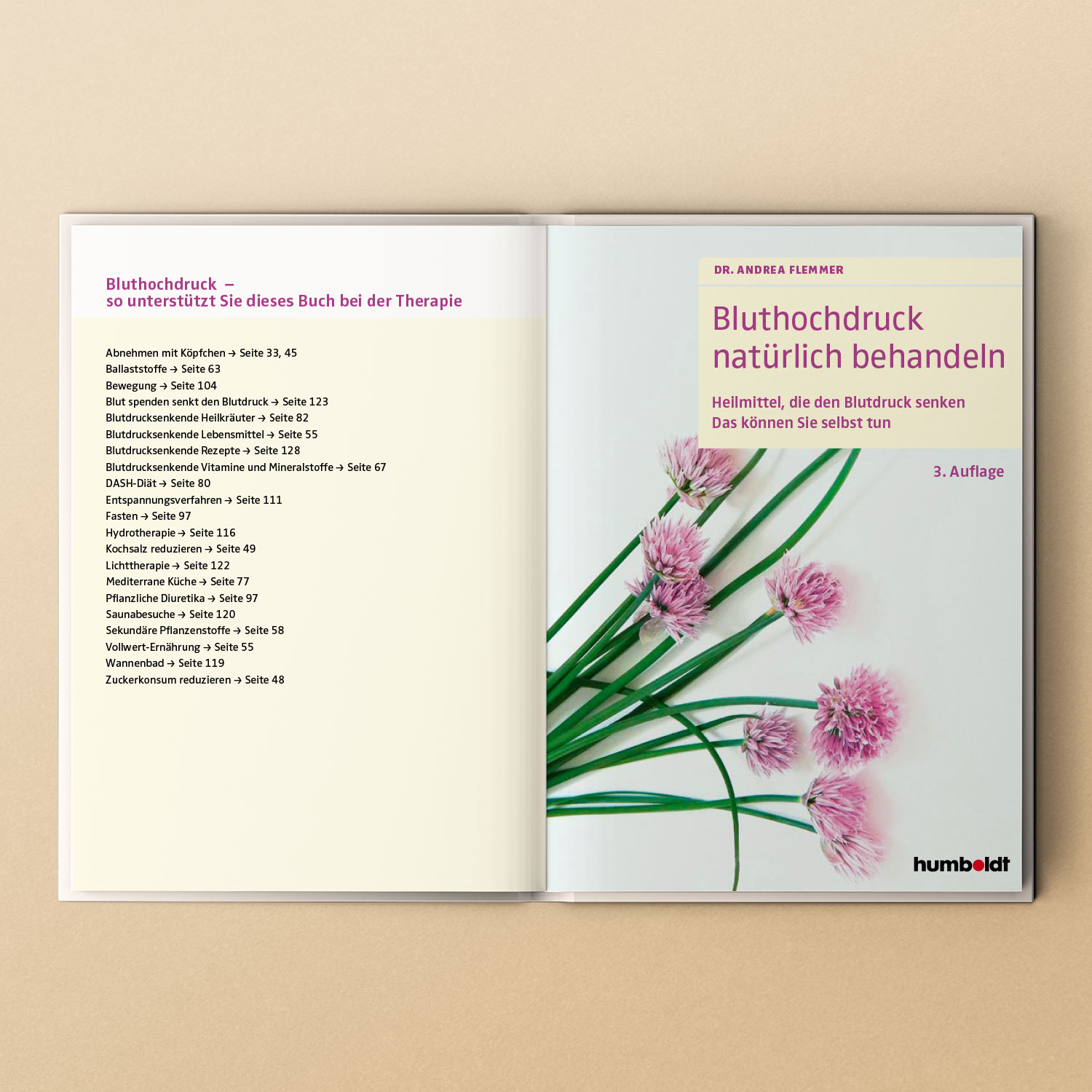 Buch 'Bluthochdruck natürlich behandeln' von Dr. Andrea Flemmer, 3. Auflage, geöffnet mit Inhaltsverzeichnis
