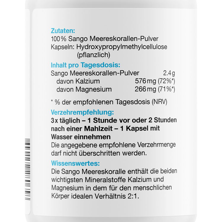 Etikett einer Supplementdose mit Informationen zu Sango Meereskorallen-Pulver, inklusive Zutaten und Verzehrempfehlung