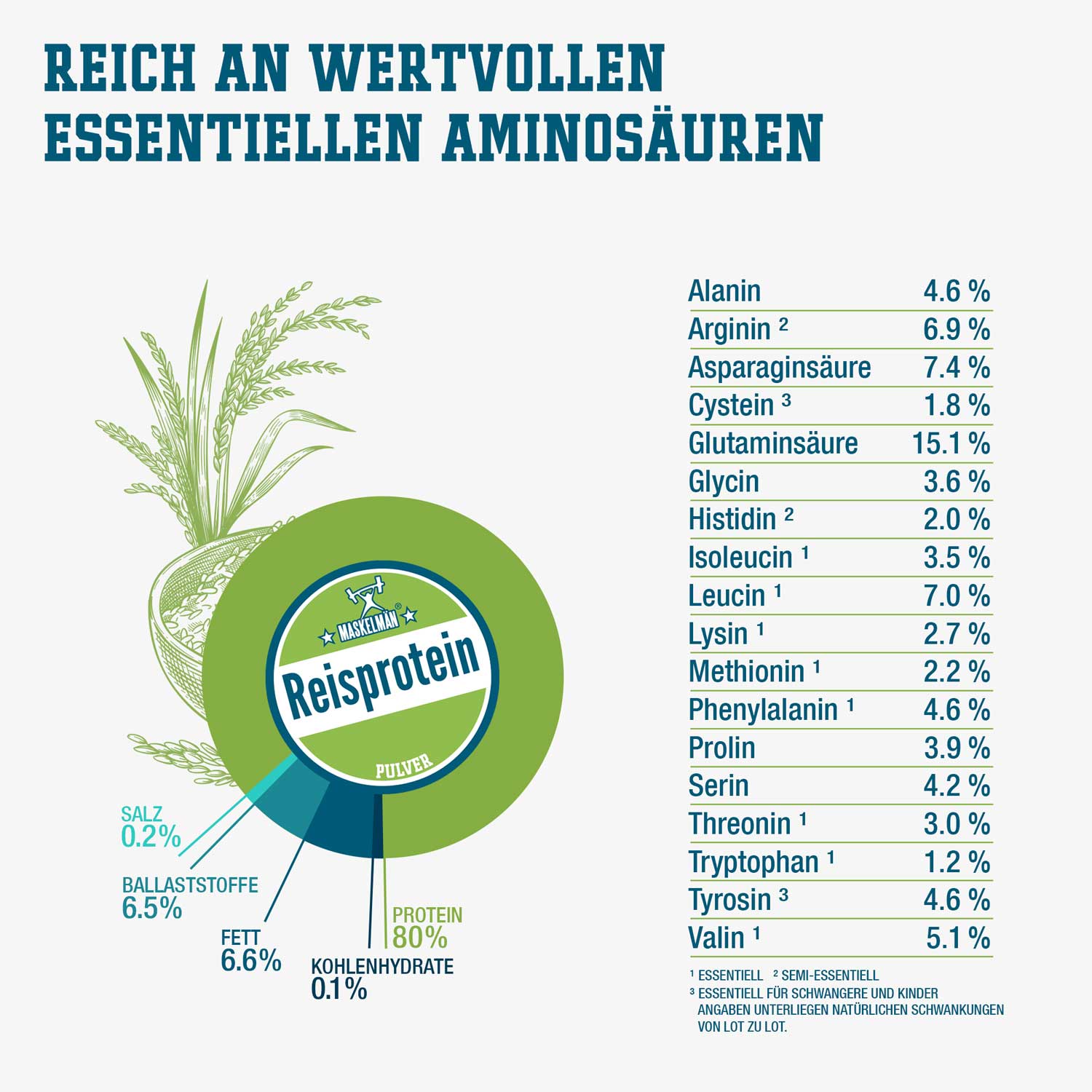 Auflistung der enthaltenen Aminosäuren und deren Werte
