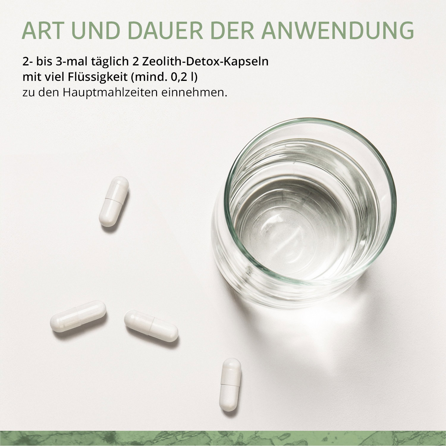 Dosierungshinweis mit Kapseln und Wasserglas, Einnahme 2–3-mal täglich zu Mahlzeiten