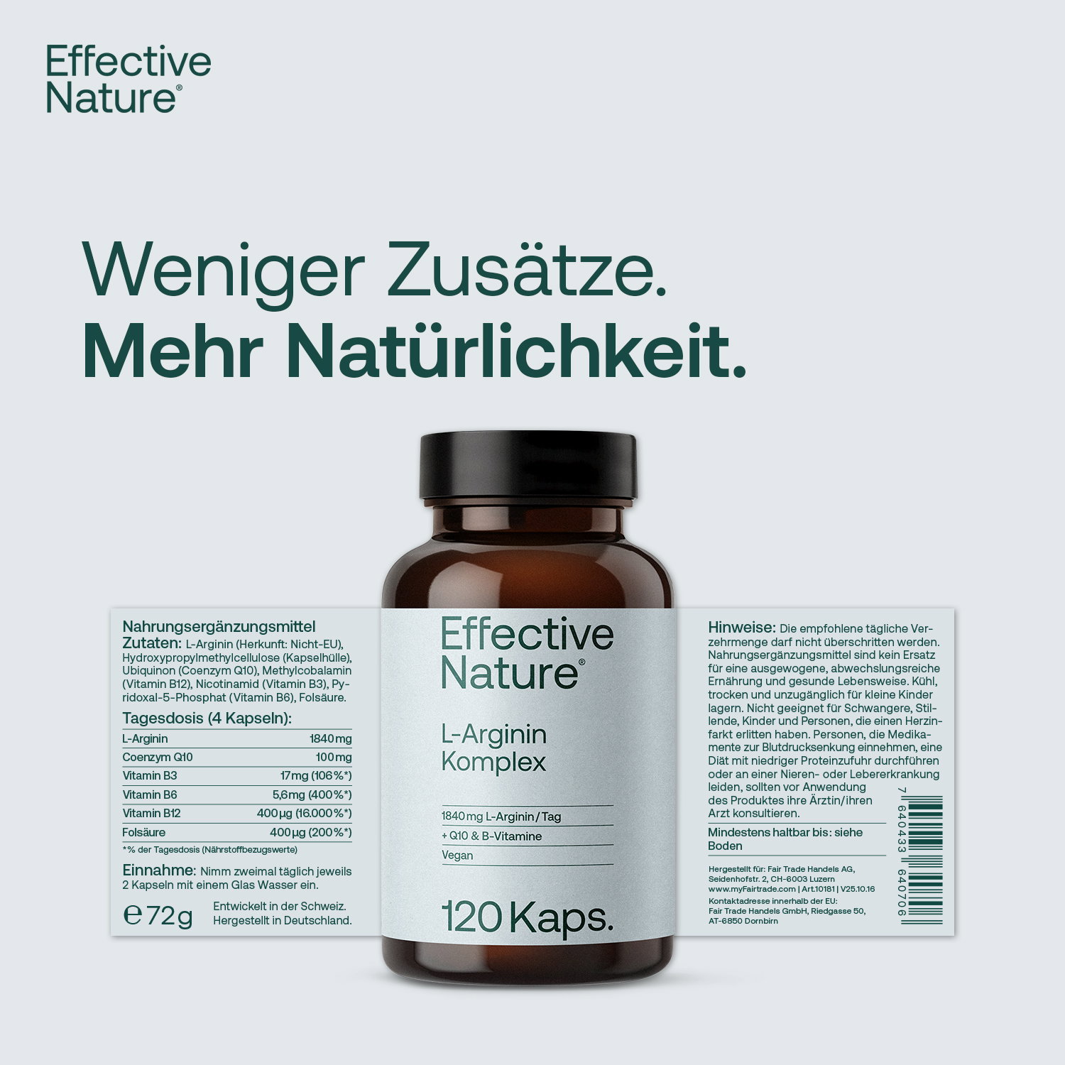 L-Arginin in brauner Glasflasche mit Etikett, 120 Kapseln