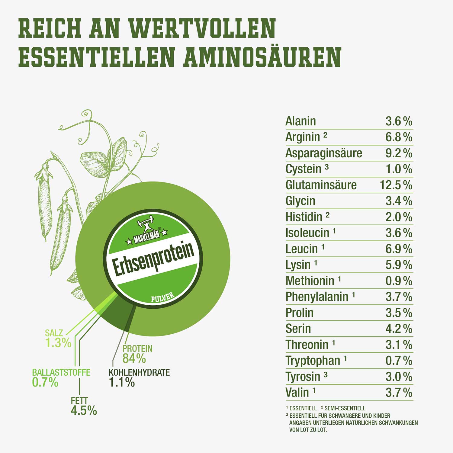 Darstellung der Nährwertangaben und essentiellen Aminosäuren von Maskelmän Erbsenproteinpulver, reich an Proteinen und Aminosäuren wie Glutaminsäure, Arginin und Lysin.