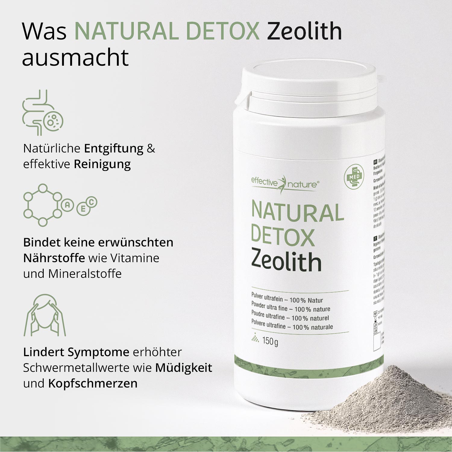 Produktabbildung von Natural Detox Zeolith mit Text zur natürlichen Entgiftung und effektiven Reinigung