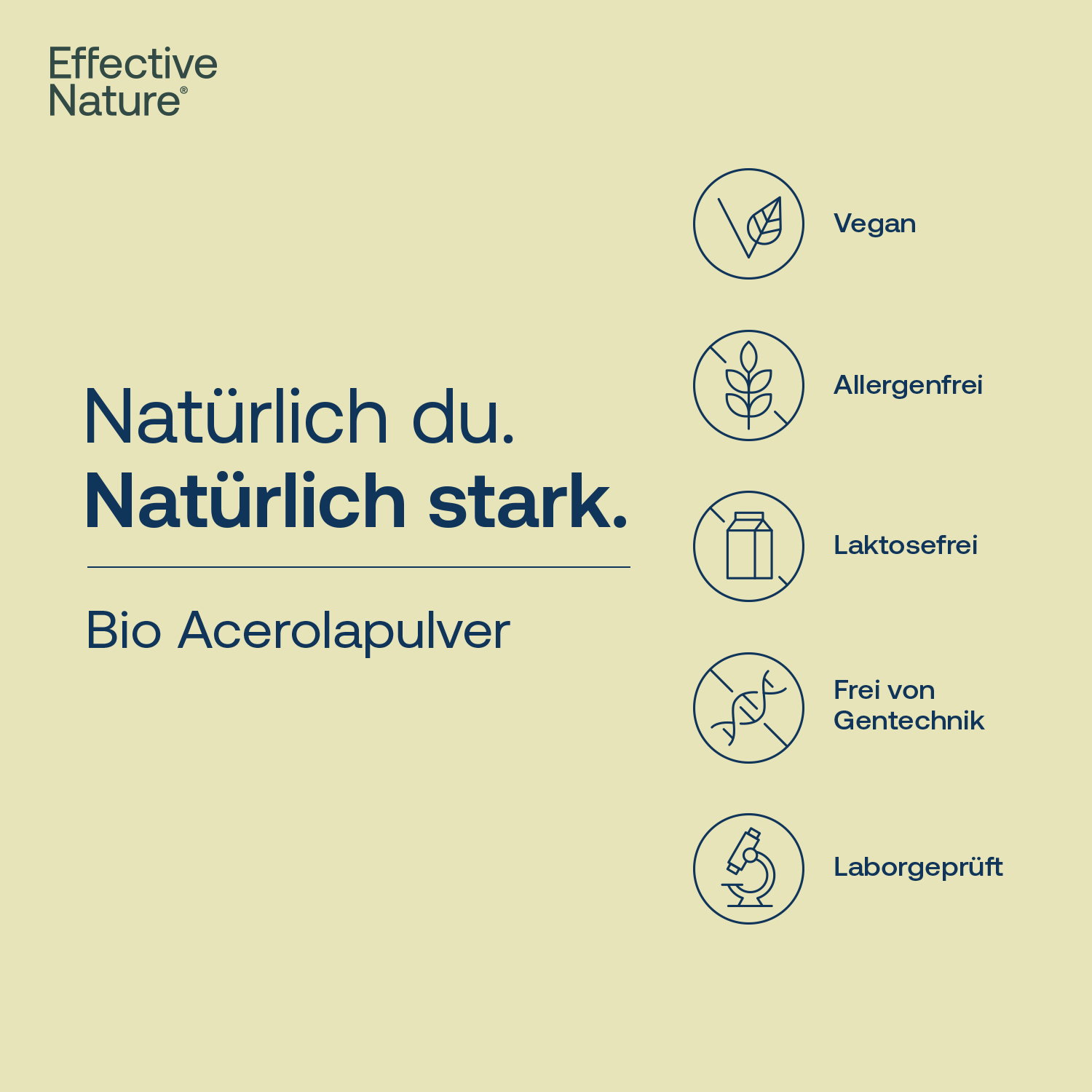 Unser Acerolapulver ist: vegan, allergenfrei, laktosefrei, frei von Gentechnik, laborgeprüft