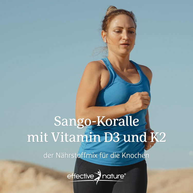 Frau joggt draußen und nutzt Sango-Koralle mit Vitamin D3 und K2 als Nährstoffmix für gesunde Knochen