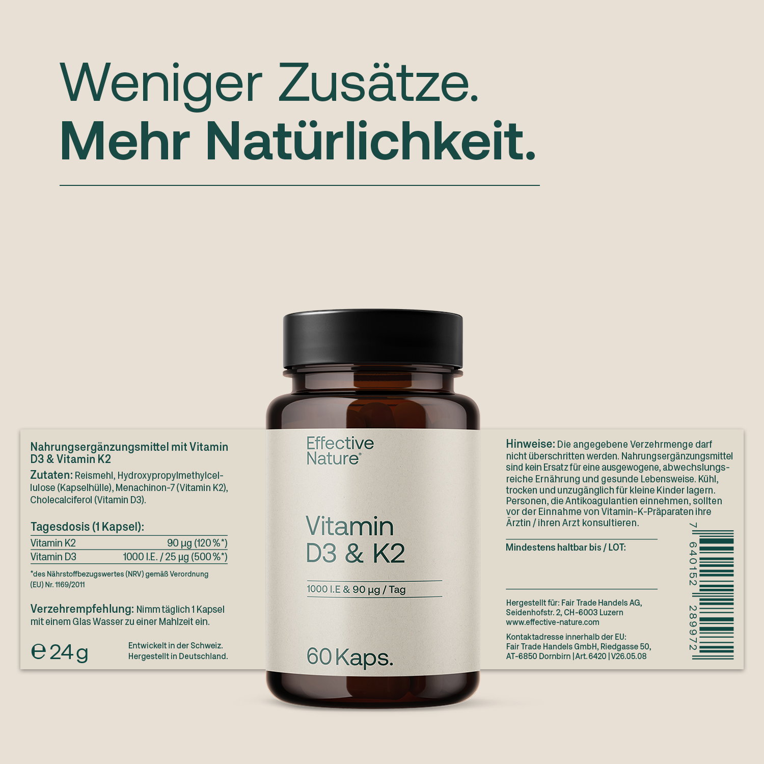 Vitamin D3 + K2 Kapseln - 60 Stk. - 24g