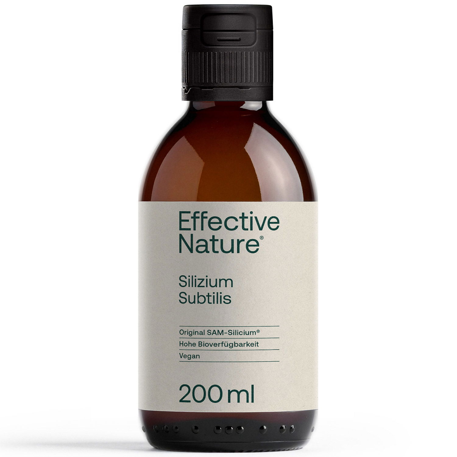 Flasche mit 200 ml Effective Nature Silizium Subtilis, einem veganen Nahrungsergänzungsmittel mit hoher Bioverfügbarkeit