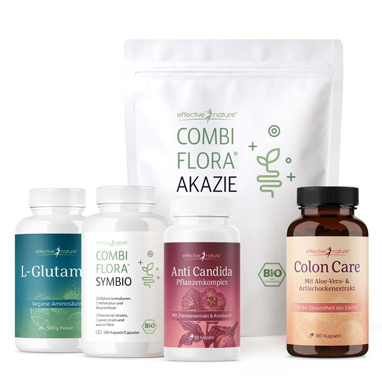 5 Bestandteile der Kur Bestandteile der Kur: Anti Candida, L-Glutamin, Colon Care, Combi Flora SymBIO, Akazienfaser