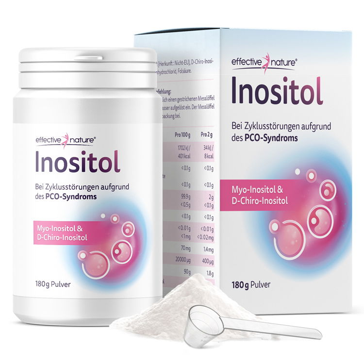 Verpackung und Dose von Inositol Pulver für PCO-Syndrom, einschließlich Messlöffel und Pulver, Marke effective nature