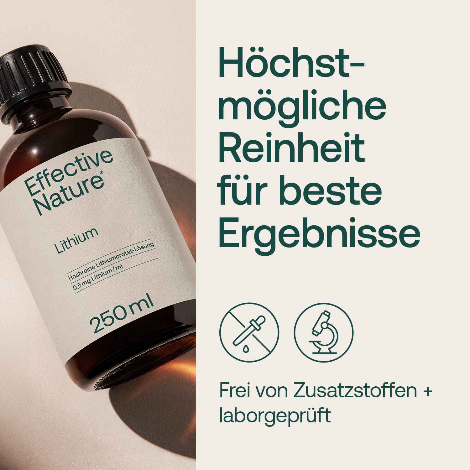 Flasche mit Effective Nature Lithium 250ml vor beigem Hintergrund. Text betont Reinheit und Laborprüfung.