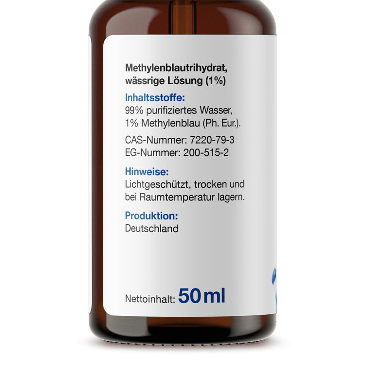Flasche mit Methylenblautrihydrat wässriger Lösung, 1% Methylenblau, 50 ml. Lichtgeschützt lagern.