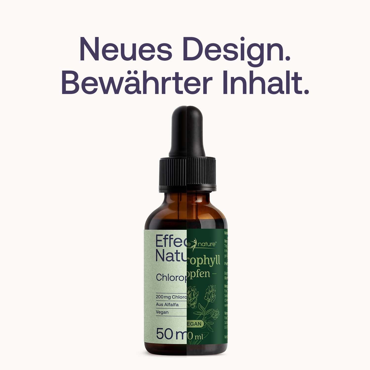 Eine Flasche Chlorophyll mit geteiltem Etikett - alt und neu
