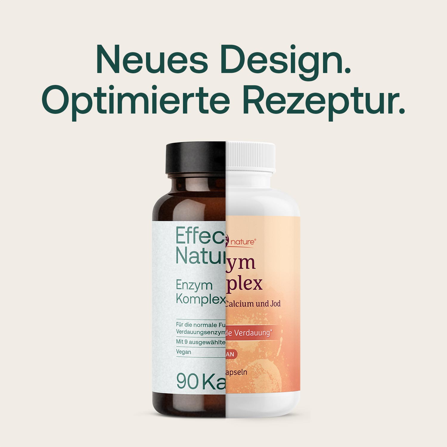 Vergleich von altem und neuem Design der Enzym-Komplex-Kapseln mit hervorgehobener optimierter Rezeptur