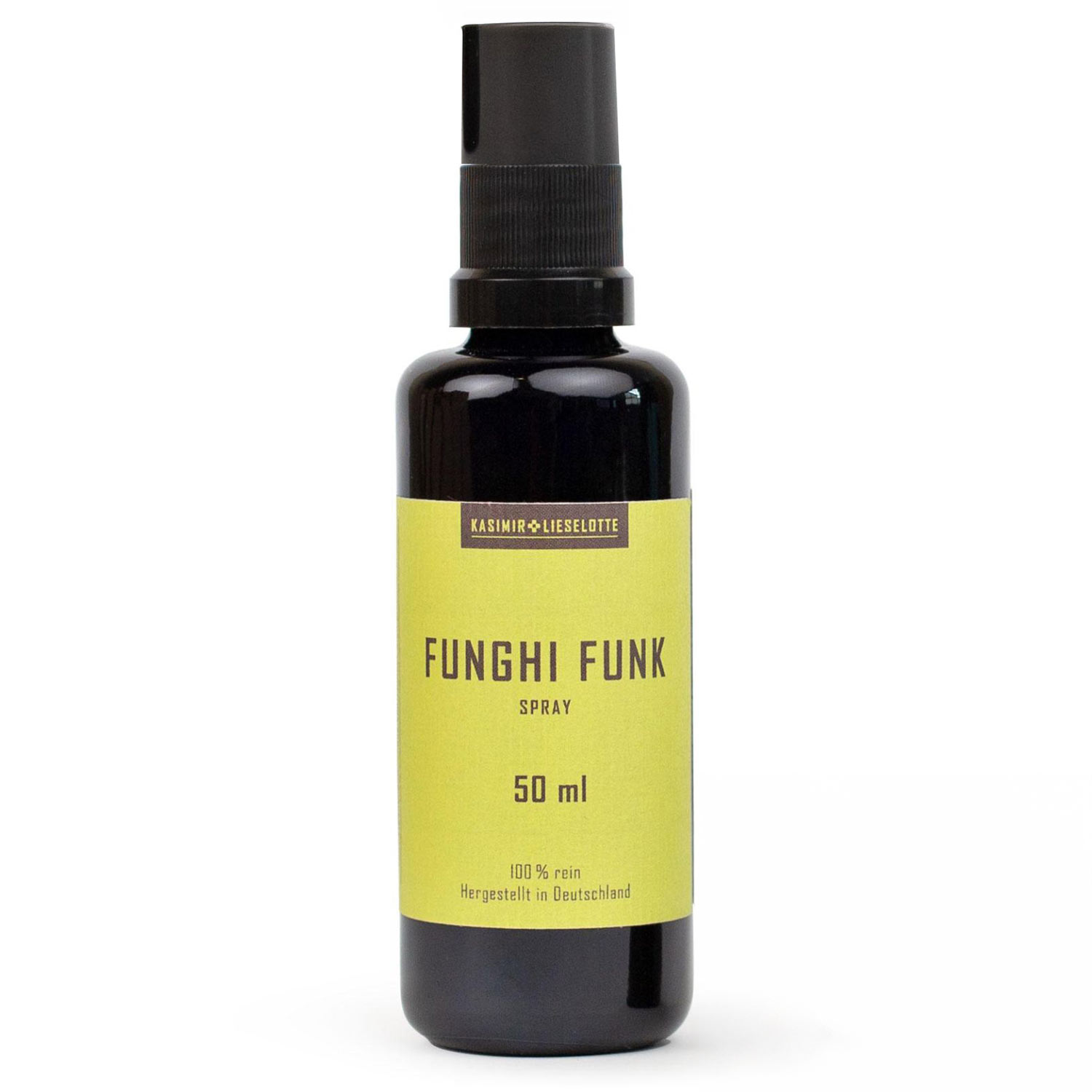 Schwarze Sprühflasche mit grünem Etikett, 50 ml Funghi Funk Spray, 100 % rein, made in Germany