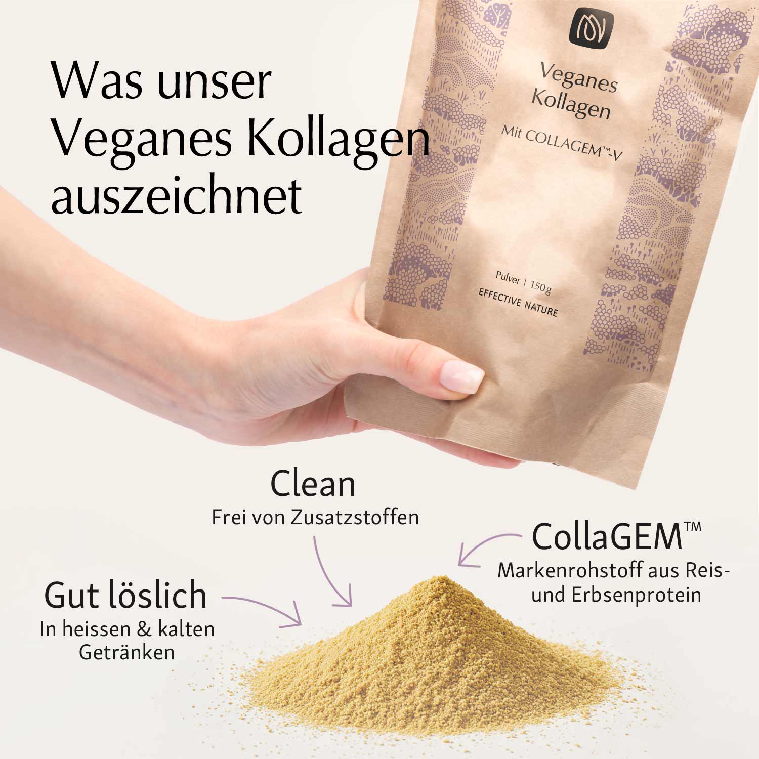 Packung veganes Kollagen mit CollaGEM™, Pulver daneben. Aufschrift: 'Clean', 'Gut löslich', 'Veganes Kollagen'.