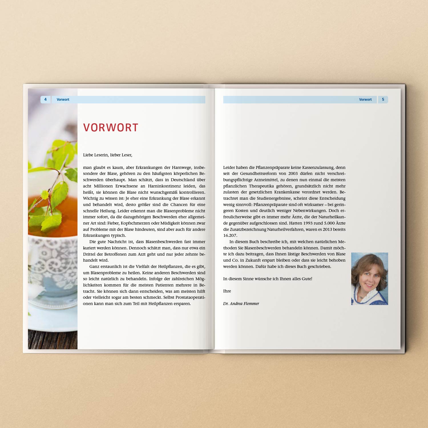 Aufgeschlagenes Buch mit Vorwort über Blasengesundheit und medizinische Tipps von Dr. Andrea Flemmer.