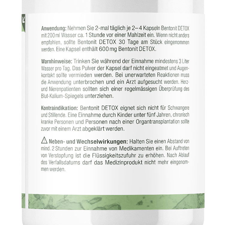 Verpackung von Bentonit DETOX Kapseln zeigt Anwendung, Warnhinweise und Kontraindikationen