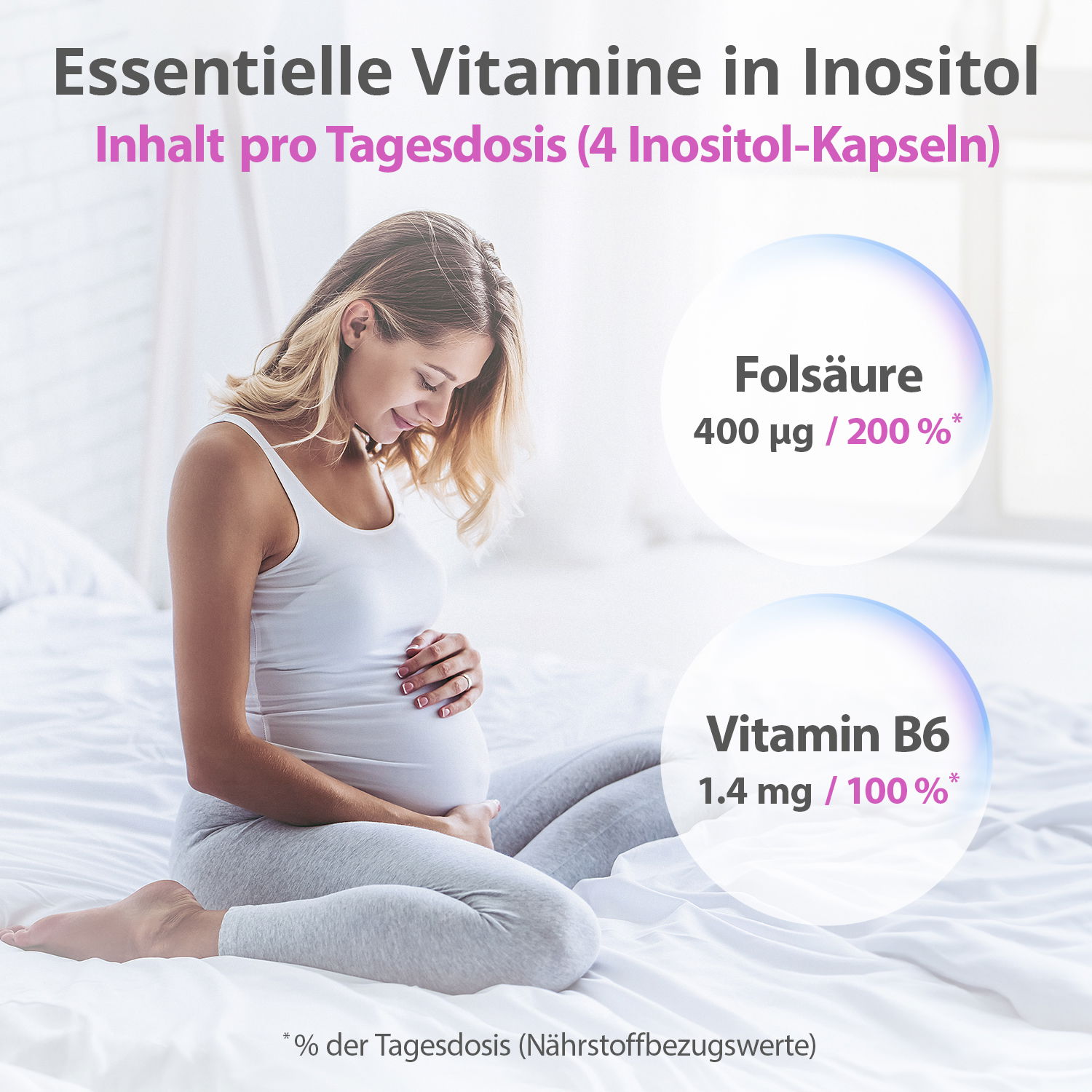 Essentiele Vitamine in Inositol. Inhalt pro Tagesdosis (4 Inositol Kapseln): Folsäure 400 mcg, Vitamin B6 1,4 mg
