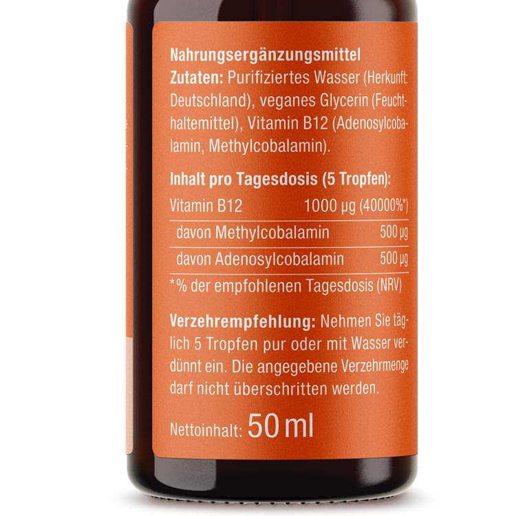 Etikett von Vitamin B12 Nahrungsergänzungsmittel mit Inhaltsstoffen und Verzehrempfehlung
