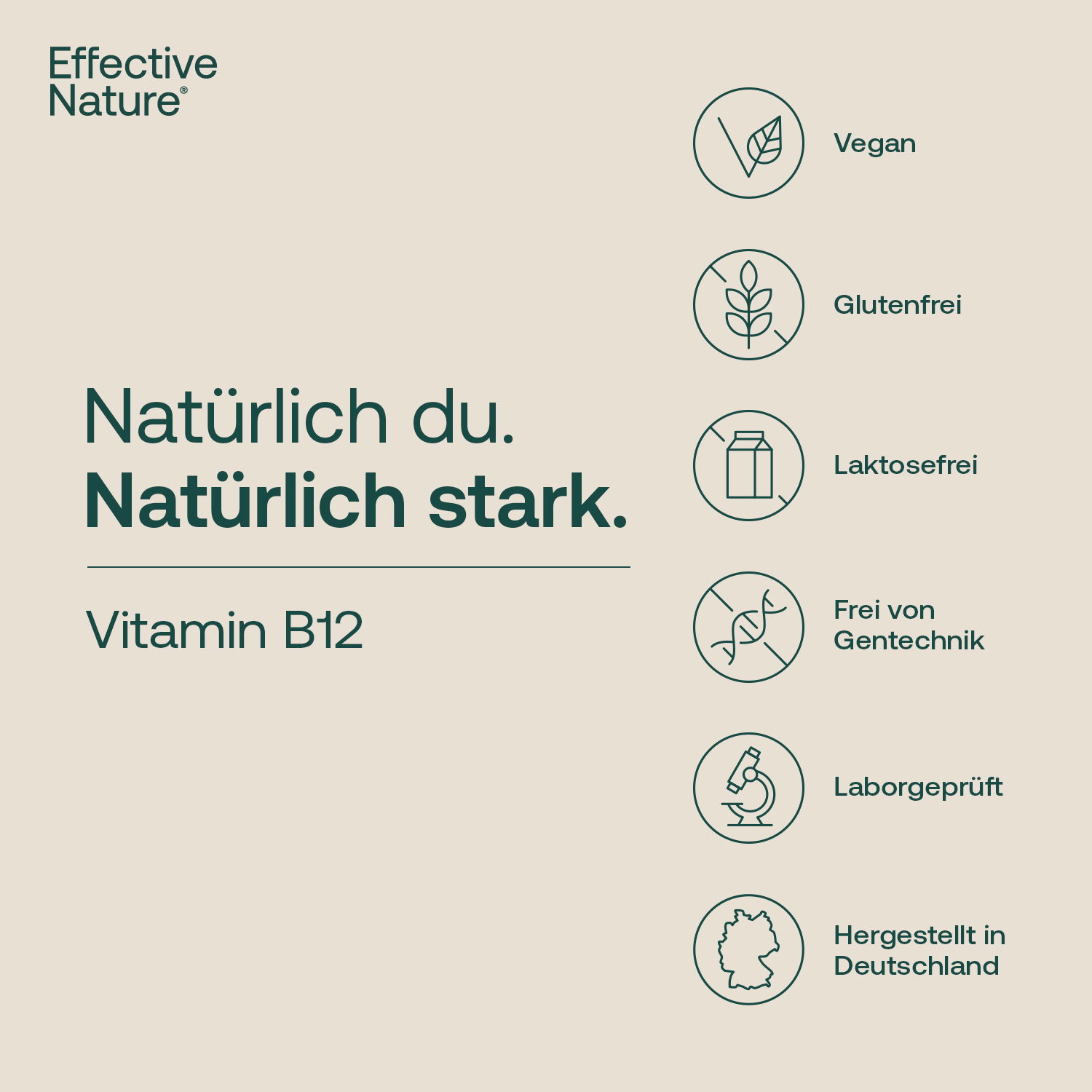 Vitamin B12 Tropfen mit Icons zu vegan, glutenfrei, laktosefrei, gentechnikfrei, laborgeprüft, hergestellt in Deutschland
