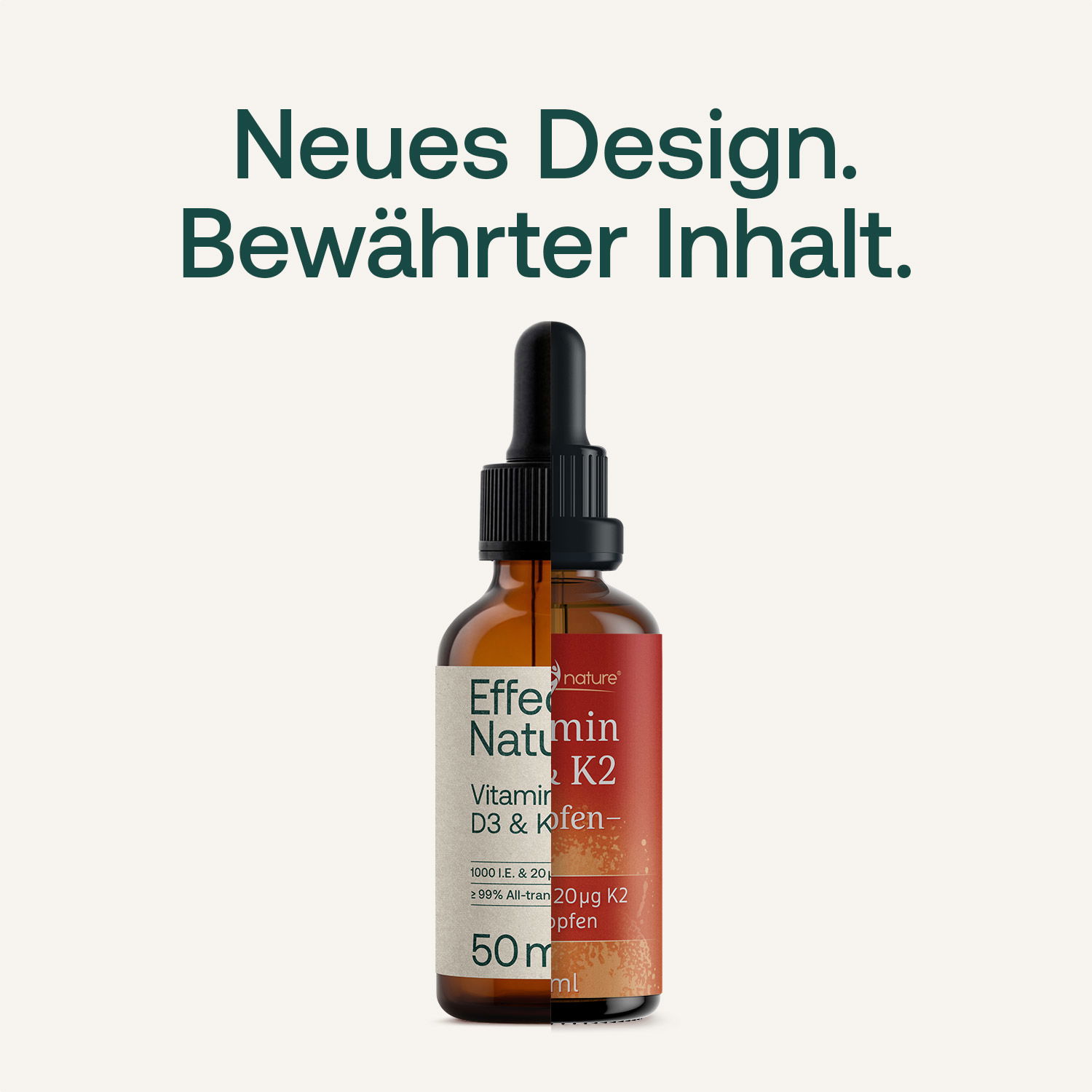 Eine Flasche mit je einer Hälfte eines alten sowie eines neuen Etiketts