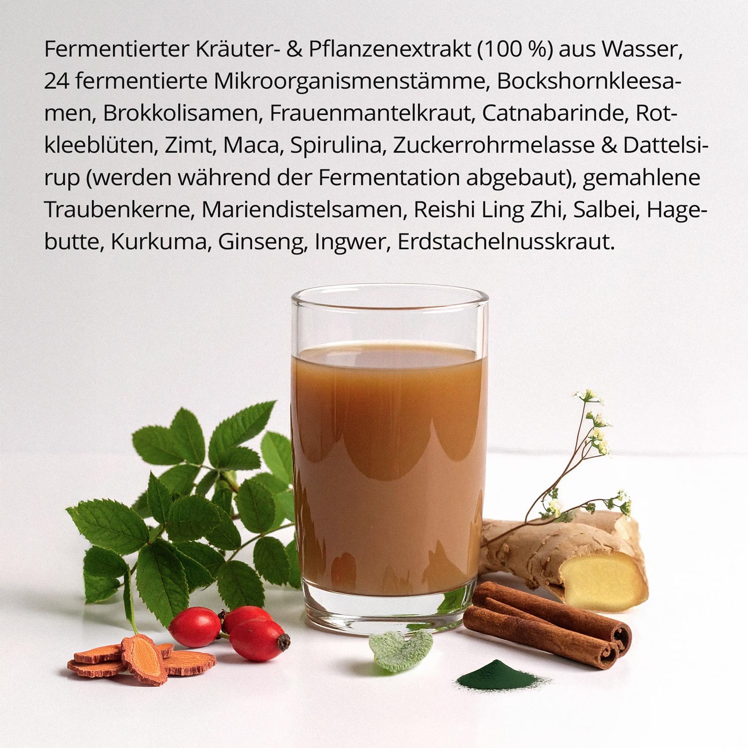 Glas mit fermentiertem Kräuter- und Pflanzenextrakt, umgeben von natürlichen Zutaten wie Ingwer, Zimt und Hagebutten