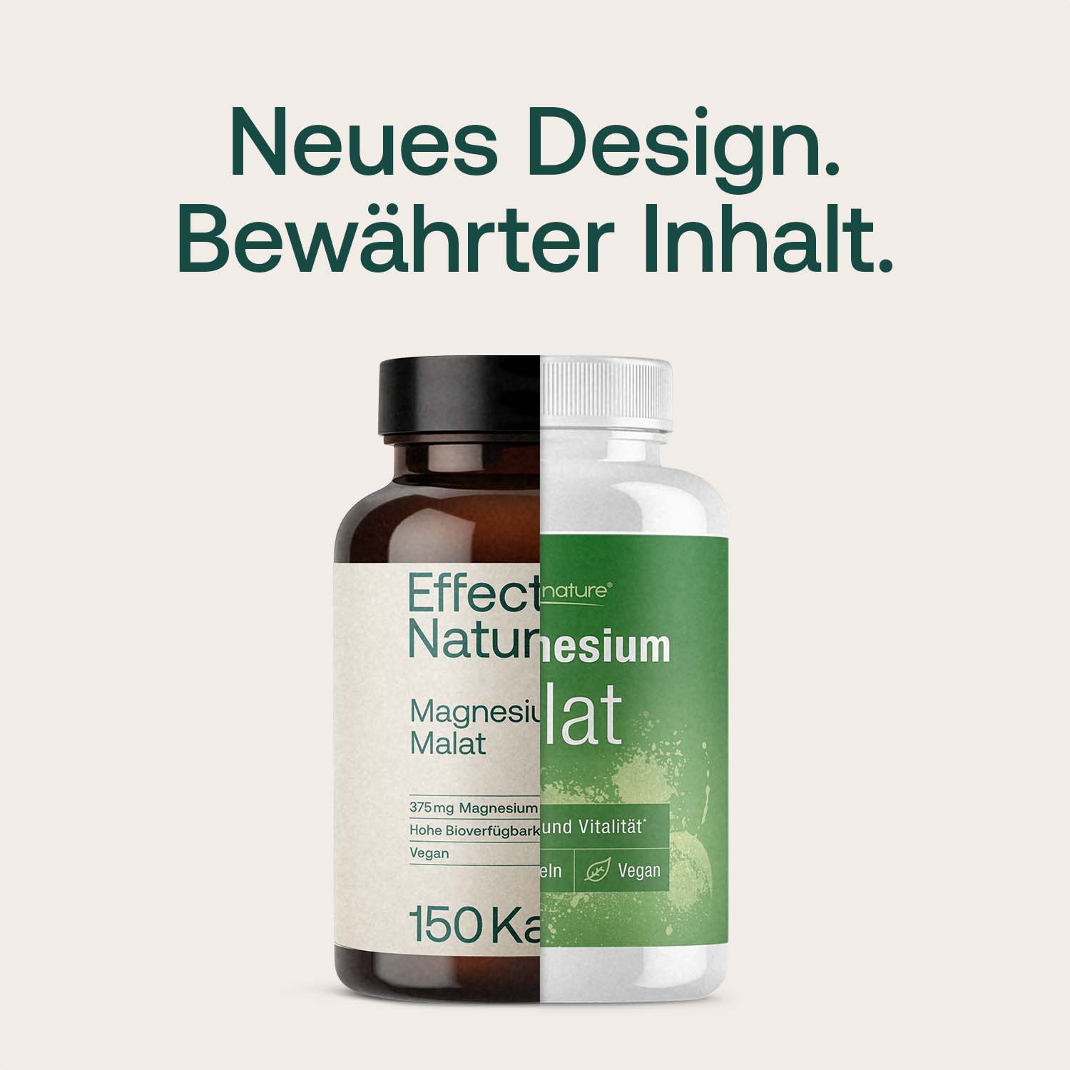 Zwei Flaschen Magnesium Malat von Effective Nature im alten und neuen Design