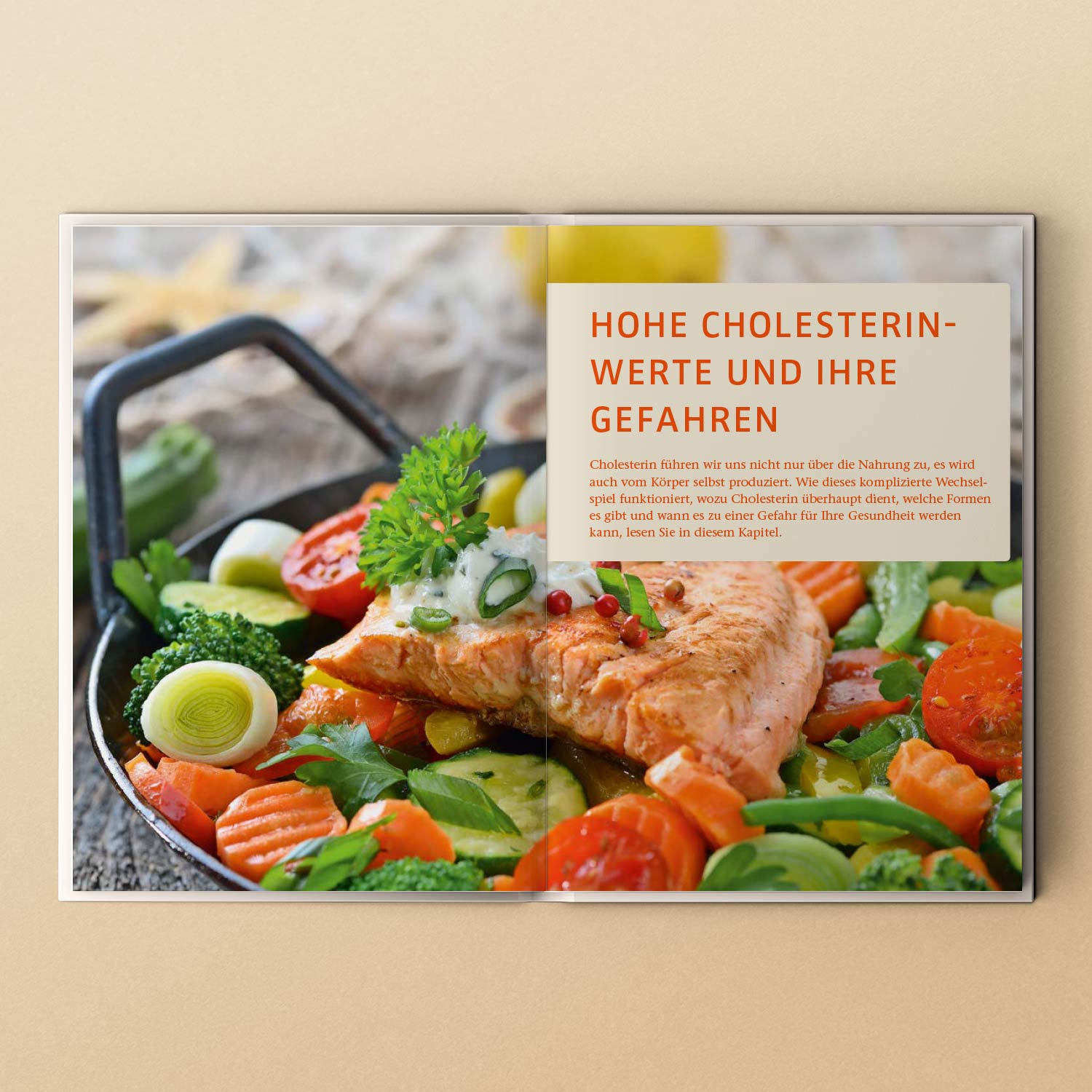 Broschüre mit Informationen über die Risiken hoher Cholesterinwerte und gesunde Ernährung mit Gemüse und Lachs