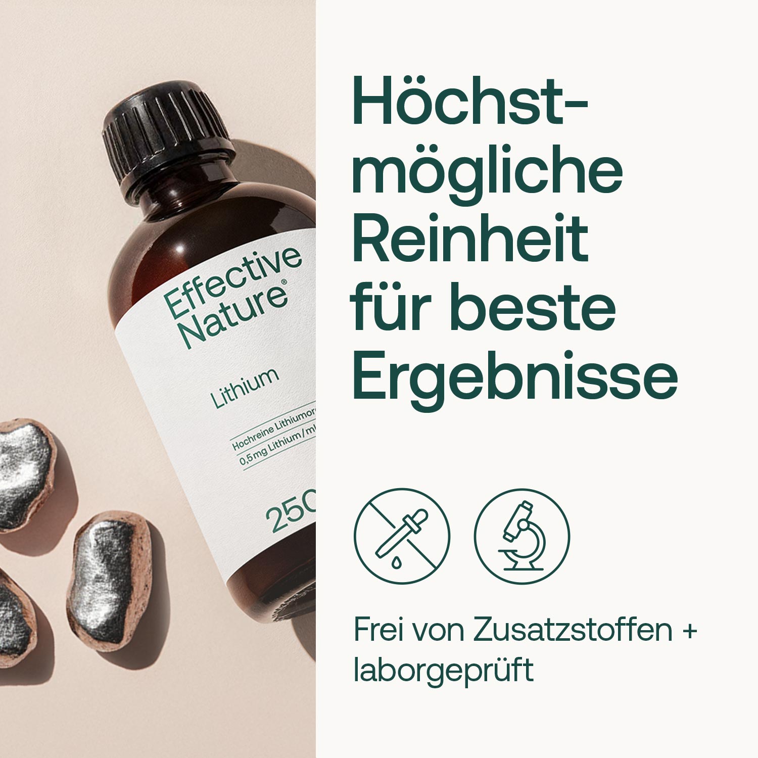 Flasche mit Effective Nature Lithium, beworben als frei von Zusatzstoffen und laborgeprüft