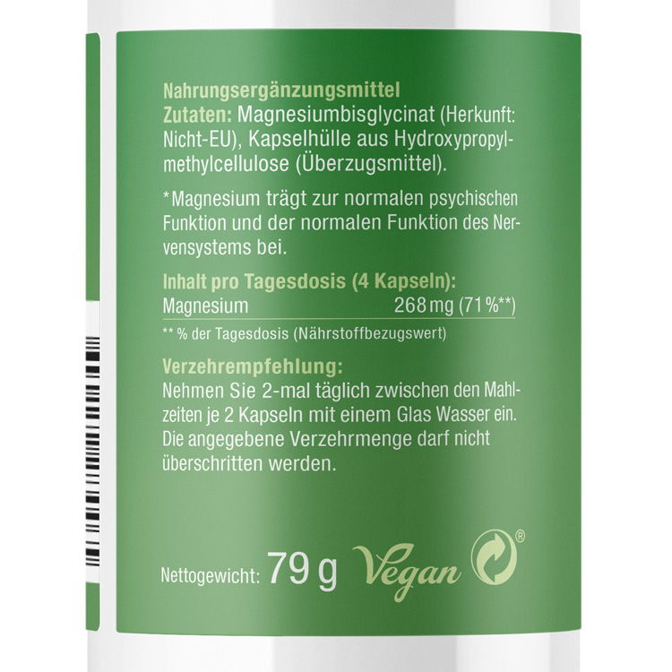 Etikett eines veganen Magnesium-Nahrungsergänzungsmittels mit Zutaten, Verzehrempfehlung und Nährwertangaben.