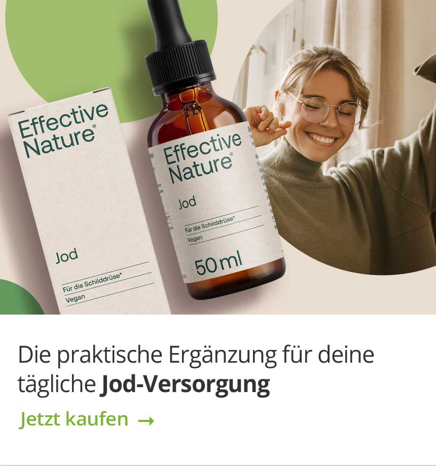 Flasche und Verpackung von Effective Nature Jod 50ml, geeignet für vegane Jod-Versorgung, mit lächelnder Frau im Hintergrund.