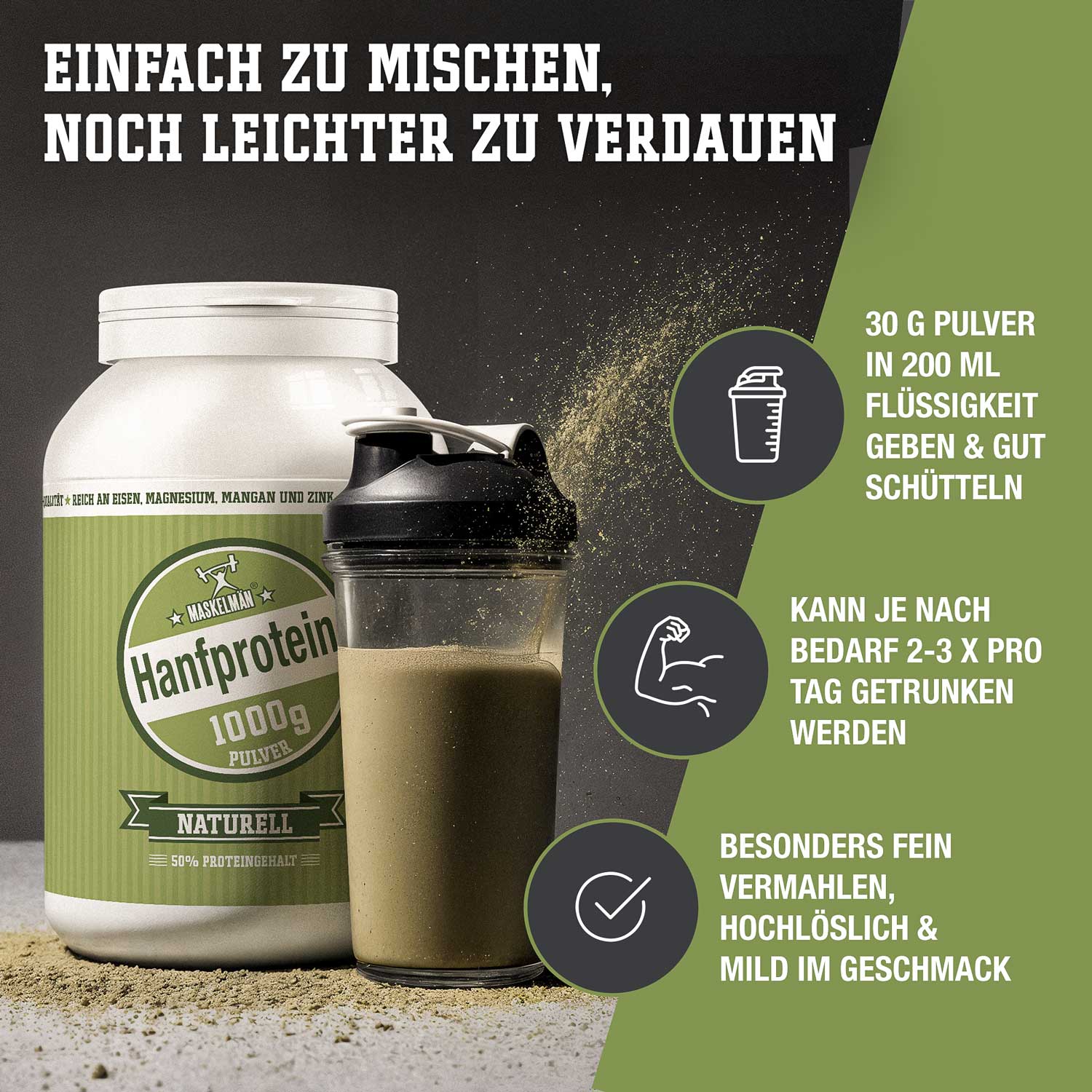 Maskelmän Hanfprotein Pulver Naturell - Bio - 1000g