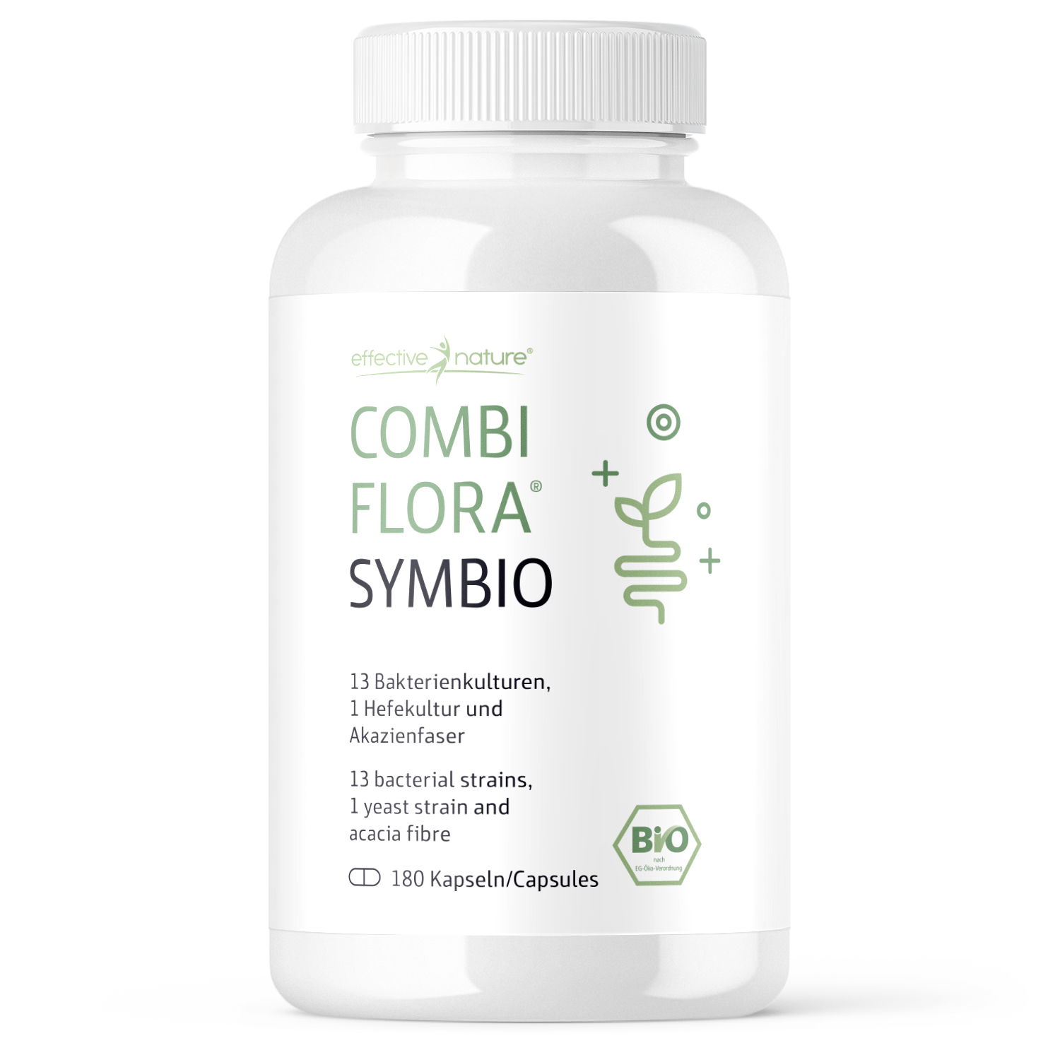 Combi Flora Symbio - 180 Kapseln mit 13 Bakterienkulturen, Hefe und Akazienfaser Weiße Flasche Combi Flora Symbio mit 180 Kapseln für Darmflora mit 13 Bakterienkulturen, 1 Hefekultur und Akazienfaser, bio-zertifiziert